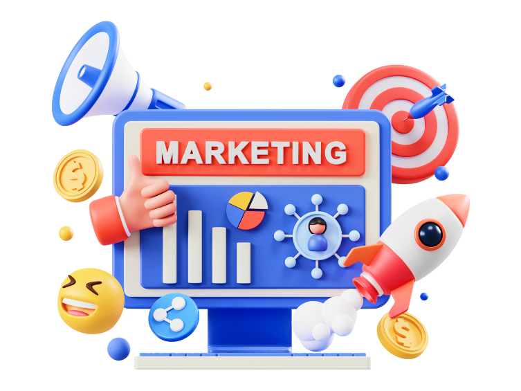 Digitales Marketing Dashboard mit Zielgenauigkeit und Wachstumsrakete, symbolisiert umfassende Dienstleistungen der Web Kreativ Agentur